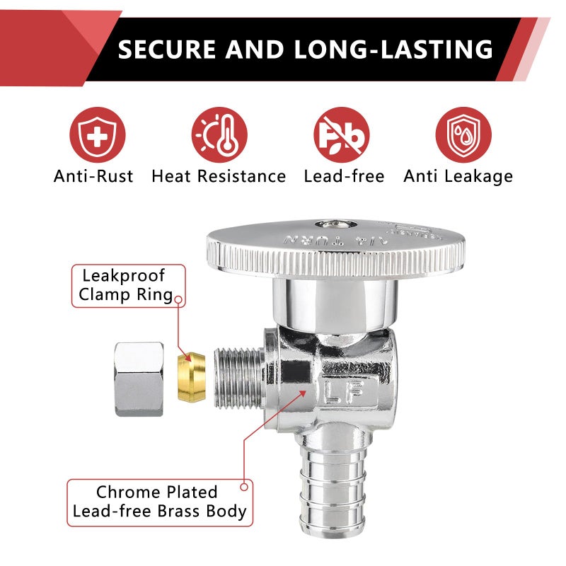 EFIELD 10-Pack EFIELD Shut off Valve 1/4 Turn Angle Stop Valve 3/8" OD Compression X 1/2" Pex Chrome Plated Brass,(VALVE076-10PCS) - Image 5